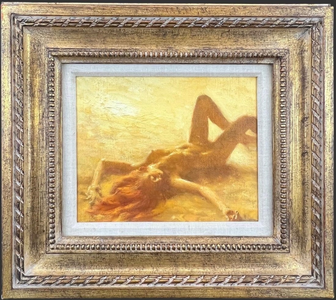 Ted Seth Jacobs (American, 1927-2019) Oil Canvas: Ted Seth Jacobs (American, 1927-2019) Oil On Canvas Reclining Nude Woman Painting. Oil on canvas figural painting depicting a reclining nude female figure, executed in warm golden and ochre tones with