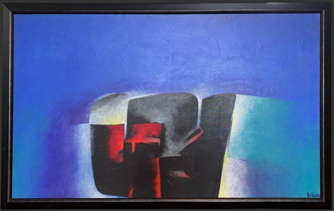 Alvaro Herran (Colombia, 1937-1997) Oil Canvas: Alvaro Herran (Colombia, 1937-1997) Abstract Oil On Canvas Painting Titled "Los Signosyel Paisuje" 1973. Approx. frame size (): 39.5 x 62.25 x 1.25, Approx. painting size (in): 35 x 57.75. Original oi