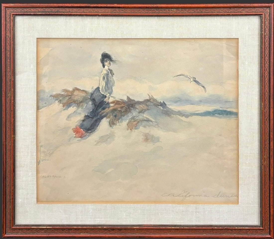Charles Sarka (American, 1879-1960) Watercolor: Charles Sarka (American, 1879-1960) Watercolor On Paper Titled "California Dunes". Original watercolor titled California Dunes by Charles Sarka, depicting a windswept coastal landscape with a solitary