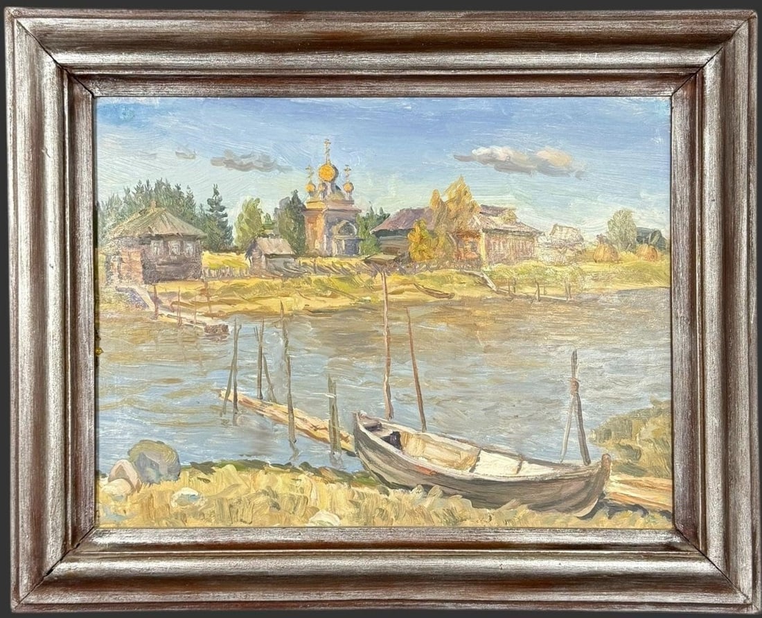 Soviet Russian River Landscape Oil Painting: Original Soviet-era oil painting on canvas depicting a tranquil riverside village scene with moored boats in the foreground and a church with onion domes rising among wooden houses beyond, executed in