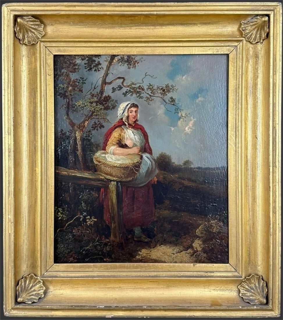 19th Century Signed Oil Painting of Peasant Woman: A finely executed 19th century continental oil painting depicting a young peasant woman standing in a pastoral landscape, dressed in traditional attire with a basket resting before her, rendered with