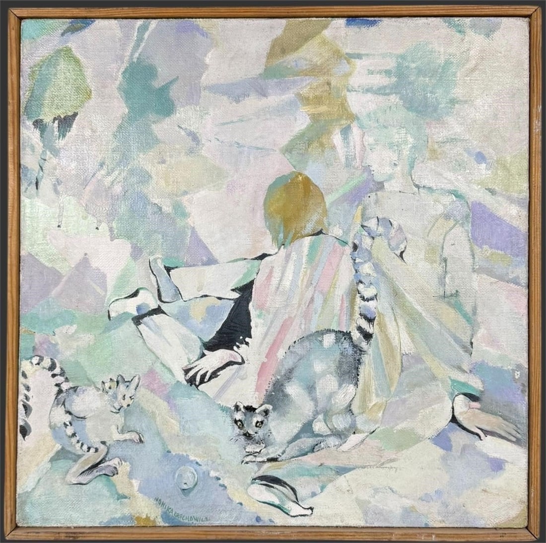 Monika Krechowicz Abstract Painting on Canvas: Original mixed-media painting on canvas by Monika Krechowicz, signed lower left, presenting a dreamlike abstract figurative scene with a central female form surrounded by cats rendered in soft pastel