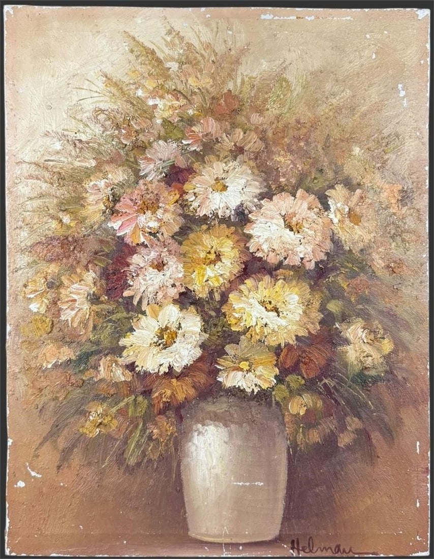 Helman Signed Floral Still Life Oil on Canvas: Original oil on canvas still life painting depicting a lush bouquet of daisies and wildflowers arranged in a simple vase, executed in a warm, impressionistic palette with heavy, expressive brushwork a