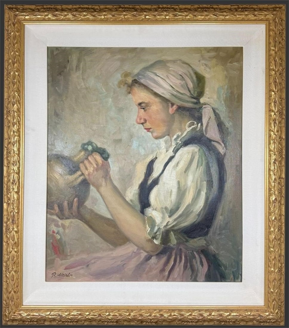 Rezes Molnar Oil on Canvas Genre Portrait: Original oil on canvas painting by Rezes Molnar depicting a young woman in traditional attire shown in profile as she studies a handled jug, executed with confident, impressionistic brushwork and a re