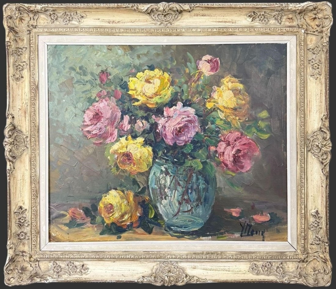 Impressionist Floral Still Life Oil Painting: An expressive impressionist oil painting depicting a vibrant bouquet of pink and yellow roses arranged in a glass vase, executed with thick, confident palette-knife brushwork and a softly toned backgr