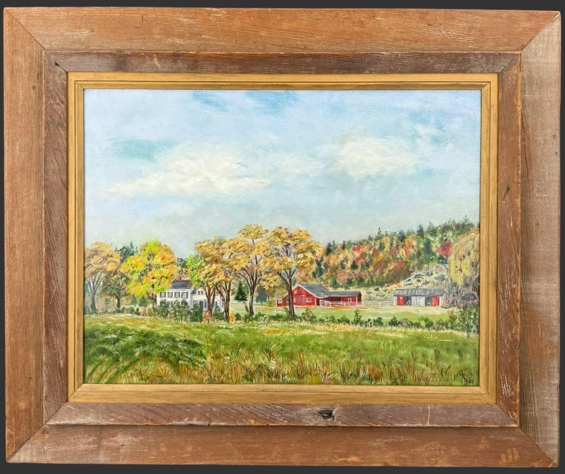 G.K. Rosenbeck Connecticut Farm Landscape, 1967: Original oil on canvas landscape by G.K. Rosenbeck, titled "The Allen Farm," depicting the Goshen Road Farm in autumn, painted in 1967. The scene presents a classic New England pastoral view with roll