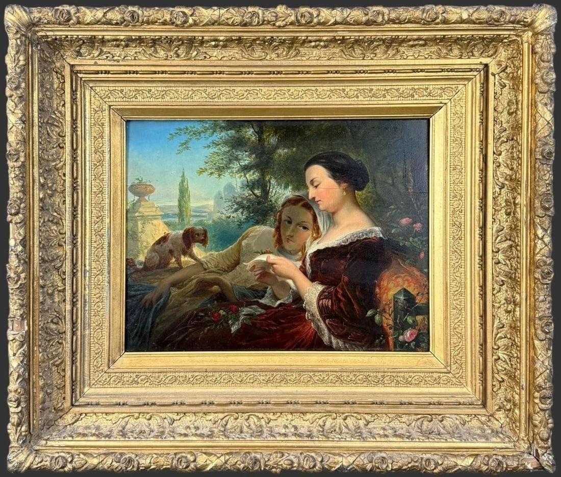 19th Century Continental Oil Painting Portrait: A finely executed 19th century Continental oil painting depicting a tender mother-and-child scene set within a lush garden landscape, accompanied by a small dog and classical architectural elements in
