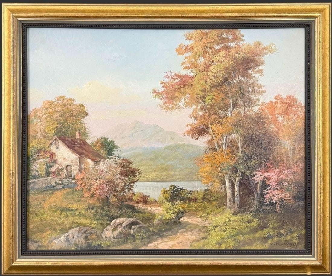 H.Tournay (Swiss, b.1890) Landscape Oil on Canvas: Oil on canvas landscape depicting a peaceful autumn scene with a rustic cottage, winding path, lake, and distant mountains, painted in warm seasonal tones with soft atmospheric depth. The work is sign