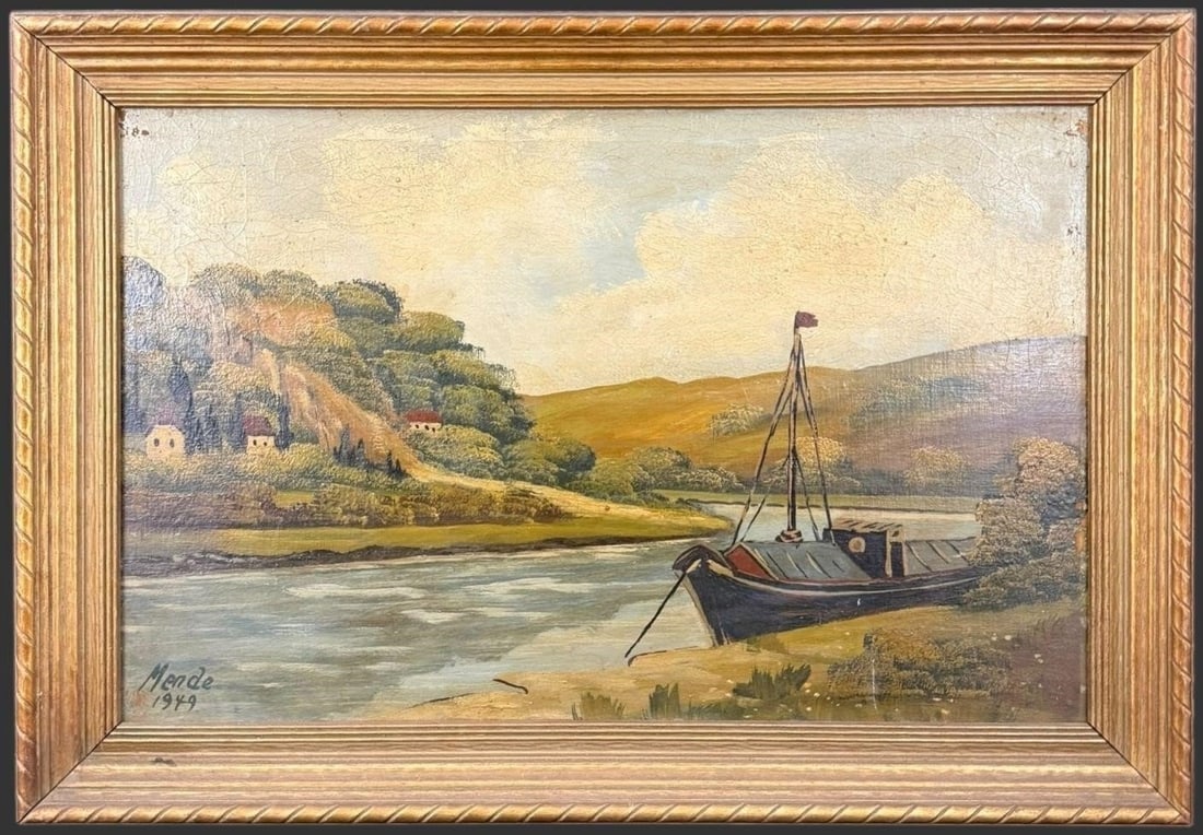 Signed River Landscape with Boat, Mende, 1949 (1 of 6)