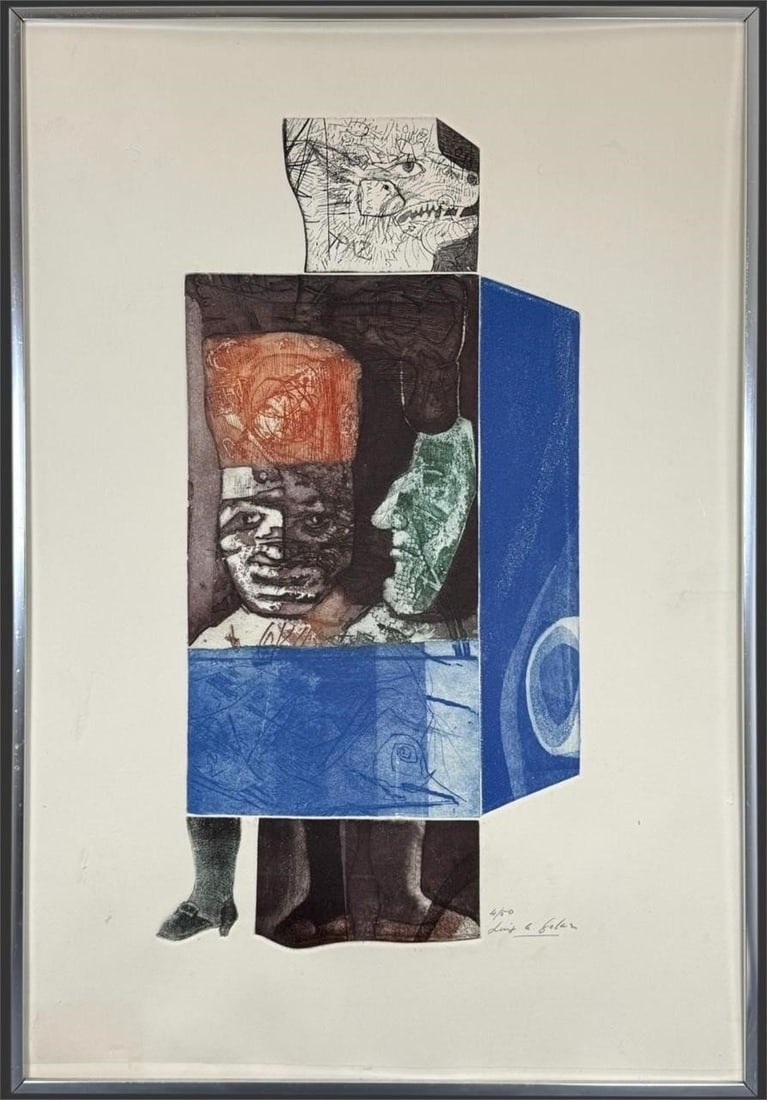 Luis Alberto Solari Color Etching "Puppet Show": Description: Original color etching titled "Puppet Show" by Luis Alberto Solari (Uruguayan, 1918-1993), a surreal and visually striking composition rendered in Solari's distinctive modernist style, co