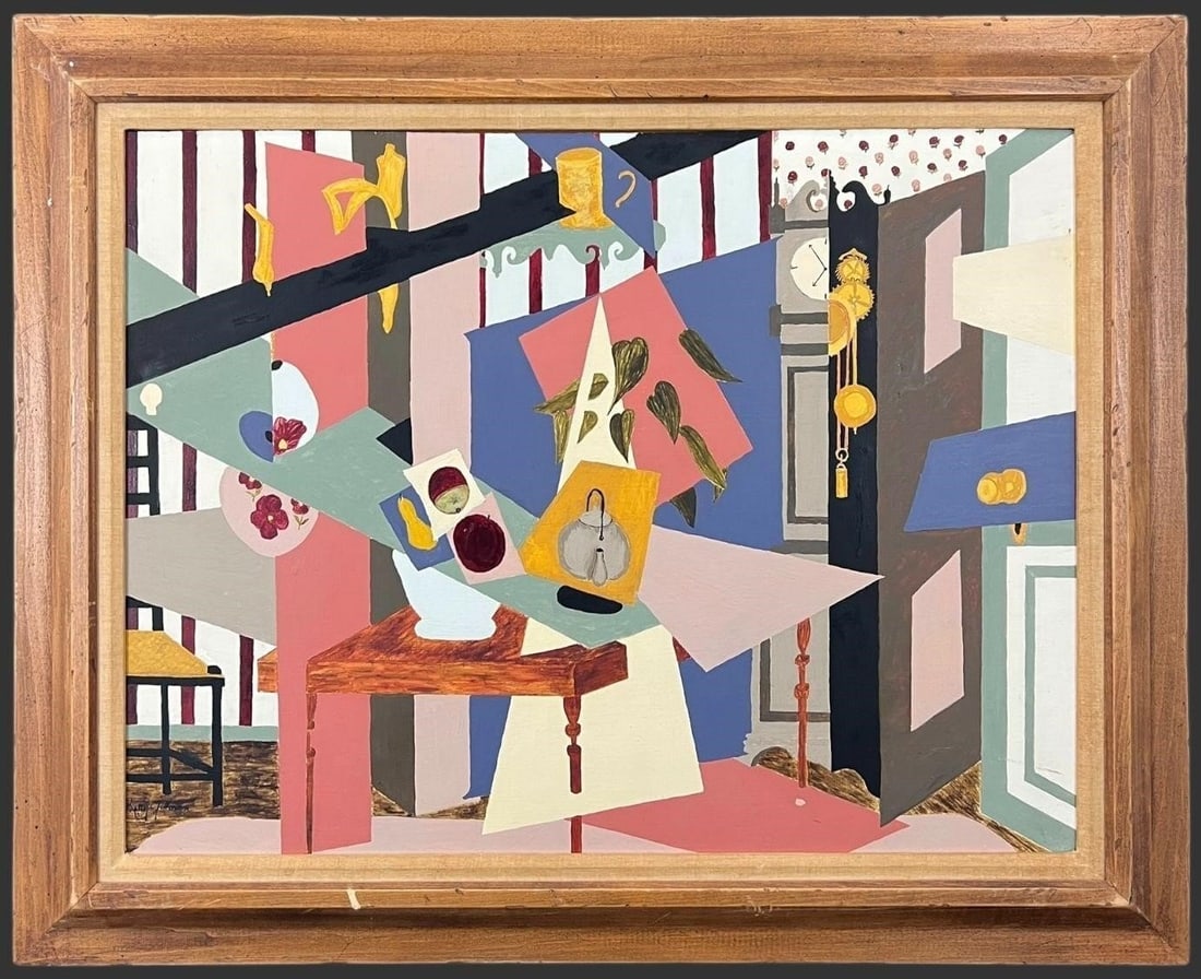 Betty Gilman Modernist Abstract Interior Painting: Original modernist abstract interior painting signed lower left Betty Gilman (American, 1924-2017), depicting a stylized domestic scene rendered in bold geometric forms and intersecting planes. The co
