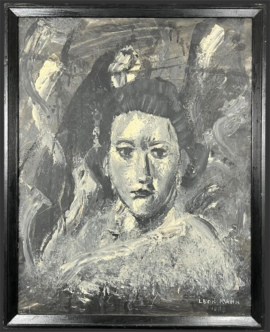 Leon Kahn (20th C.) Expressive Portrait Oil: Expressive mid-20th-century portrait painting by Leon Kahn, executed in a bold monochromatic palette with heavy, gestural brushwork that emphasizes mood and psychological presence. The composition dep