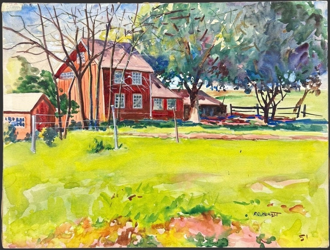 F.C. Herbst Watercolor Landscape of Red Barn (1 of 4)