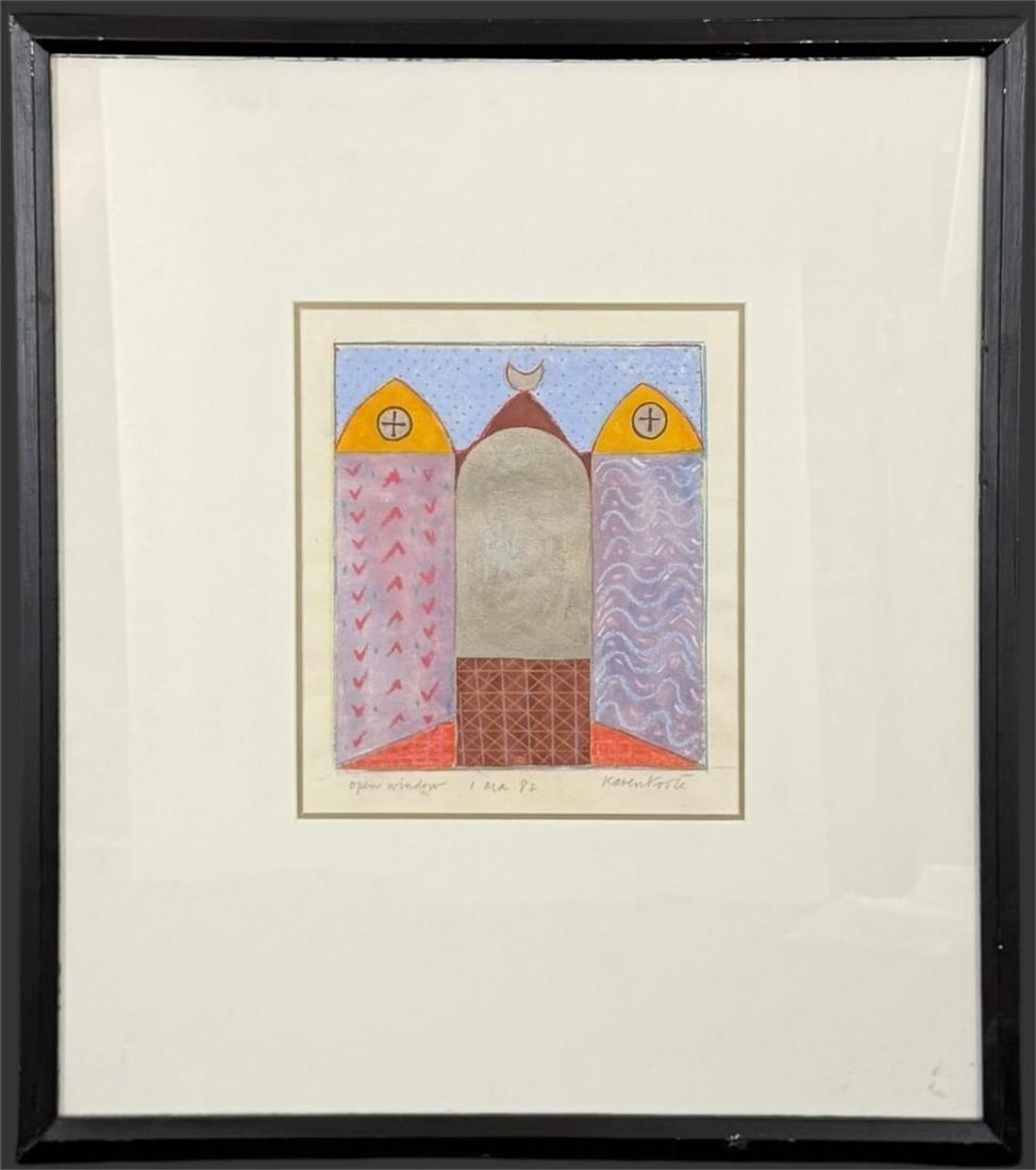 Signed Abstract Drawing "Open Window," 1982: This original abstract drawing titled Open Window is dated 1 May 1982 and signed lower right by the artist, presented in a modern black frame with wide matting. The composition features a symmetrical
