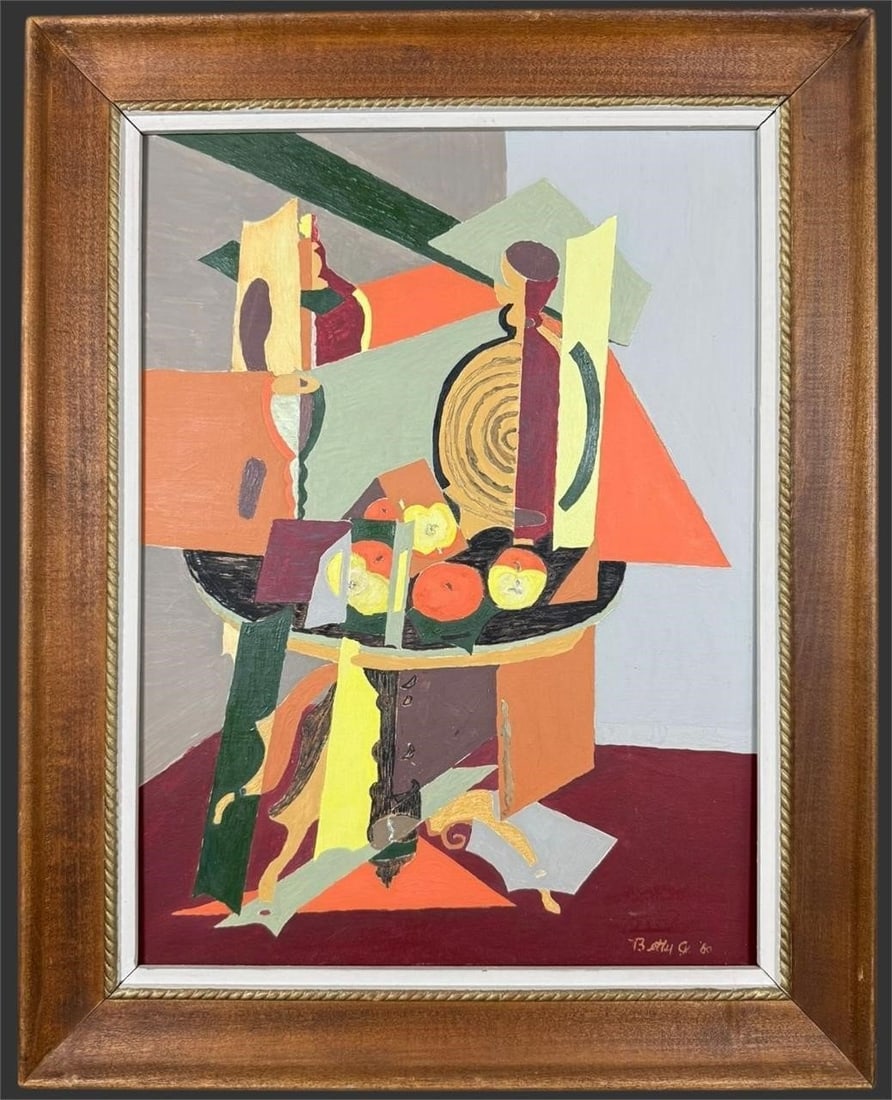 Mid-Century Abstract Still Life, Dated 1960: Mid-century abstract still life painting, signed lower right Betty Gilman (American, 1924-2017) and dated 1960, executed in a strong modernist composition of geometric forms and stylized objects arran