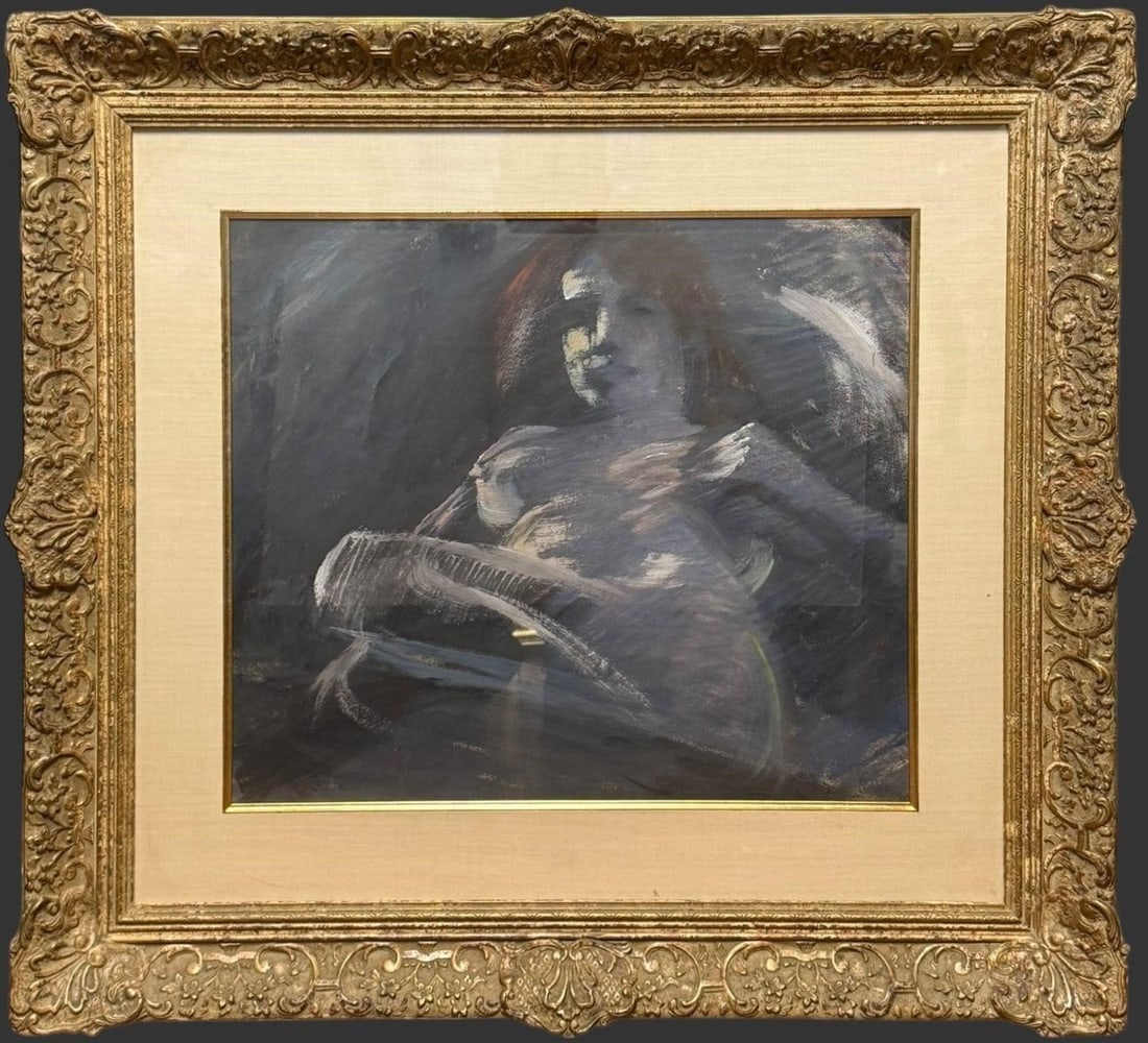 Frederick Trapp Friis Impressionist Painting: Painting attributed to Frederick Trapp Friis (Swedish, 1865-1909), accompanied by an estate label identifying the artist and period, presented as a moody, impressionistic figural composition rendered