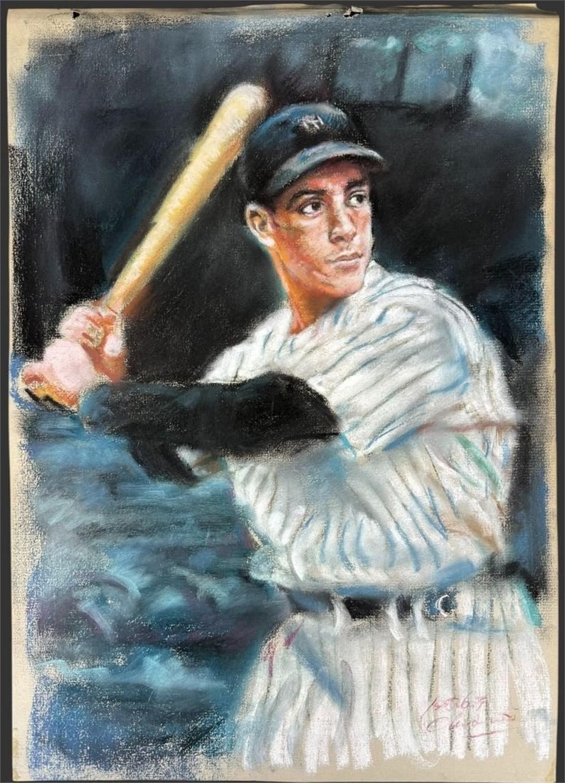 Pastel Portrait NY Yankees Baseball Player at Bat: Expressive mid-20th-century pastel drawing depicting a baseball player captured in a batting stance, rendered with strong color contrasts and loose, atmospheric handling against a darkened stadium bac