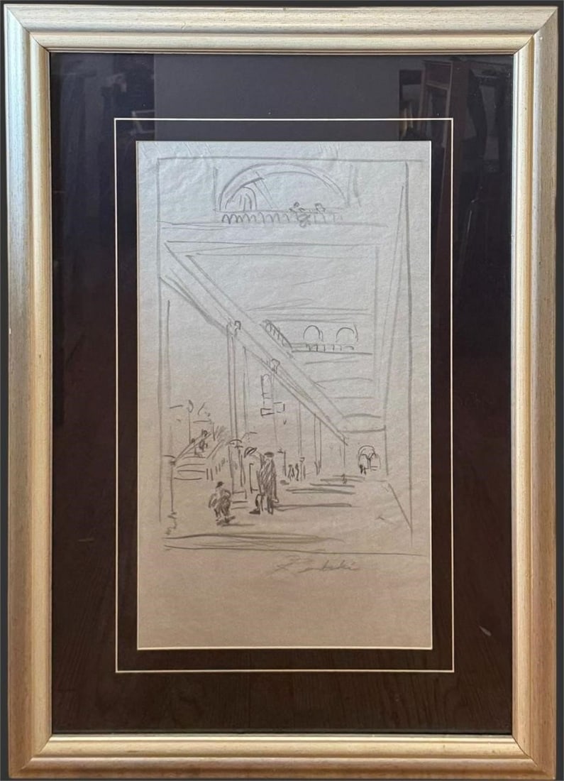 Stanislav Rembski (Poland, 1896-1998) Sketch: Original pencil drawing depicting an interior architectural scene with figures gathered beneath sweeping staircases and arches, rendered in a loose, atmospheric hand and signed Rembski at the lower ma
