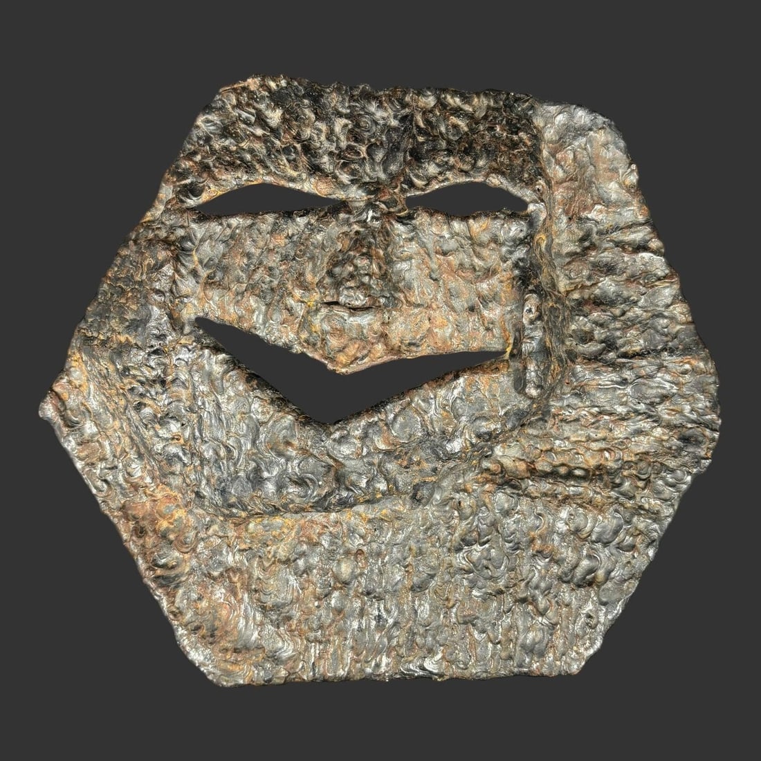 Brutalist Welded Iron Mask Sculpture: Brutalist Welded Iron Mask Sculpture In The Manner Of Julio Gonzalez. Handcrafted welded steel mask sculpture featuring a bold Brutalist aesthetic, formed from thick, irregular steel plates with expre