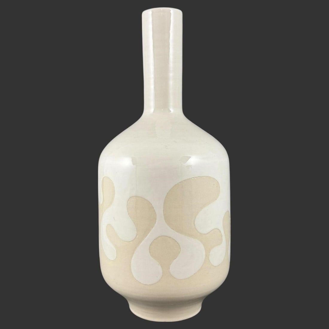 Jonathan Adler Pot au Porter Pottery Bottle Vase: This contemporary ceramic bottle-form vase by Jonathan Adler features a softly rounded body with a tall cylindrical neck, finished in a creamy off-white glaze accented by an organic, abstract slip-dec