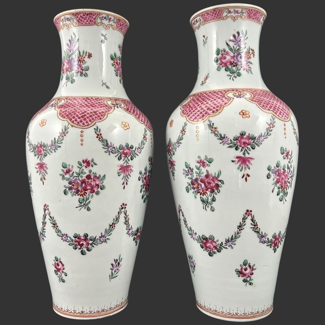 Floral Porcelain Vases w/ Pink Lattice Decoration (1 of 6)