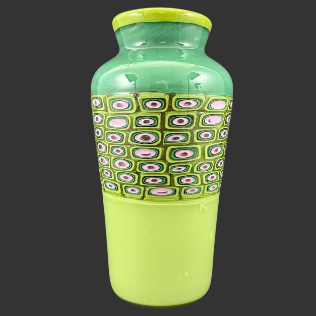 Murano Millefiori Art Glass Vase, Green Tones: Striking signed Murano art glass vase featuring vivid green, chartreuse, and teal tones with a wide central band of tightly arranged millefiori canes in pink, green, and black, creating a bold geometr