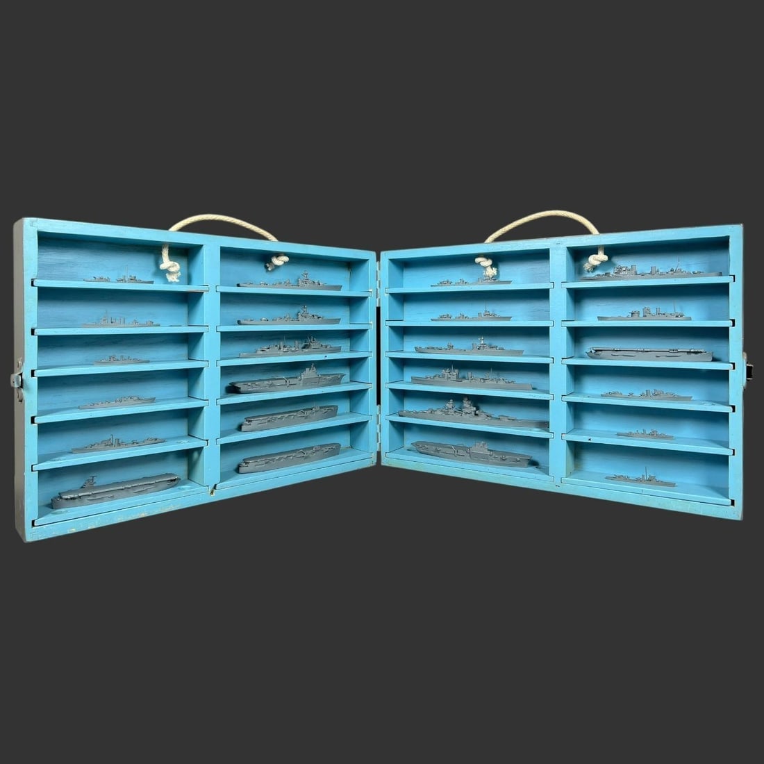 U.S. Navy Miniature Ship Models Set: Original U.S. Navy miniature ship model set housed in a painted wooden carry case, stenciled "U.S. Navy Miniature British & French Ship Models, Mark I, Supplement I," containing multiple finely detail