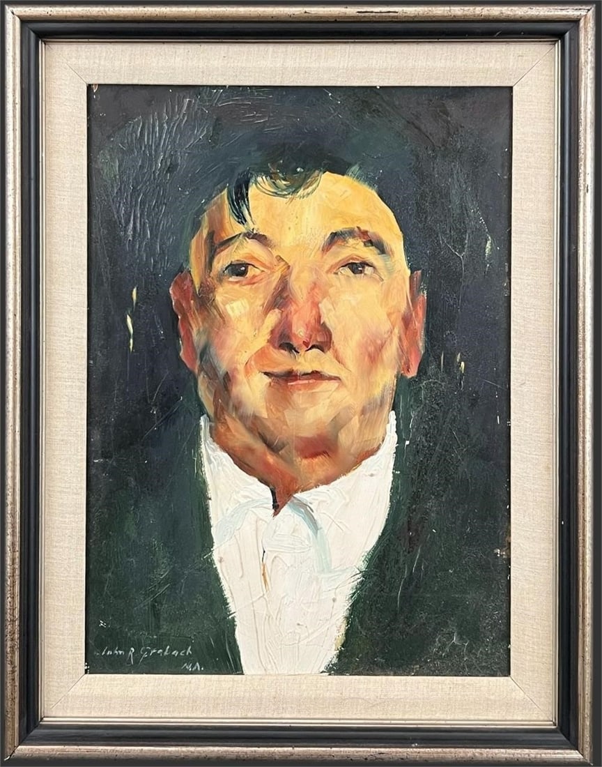 John R. Grabach Expressionist Portrait, Oil: Oil on board portrait by John R. Grabach (American, 1886-1981), depicting a solemn male figure in formal attire, rendered in bold, expressive brushwork with a restrained yet atmospheric palette. The p