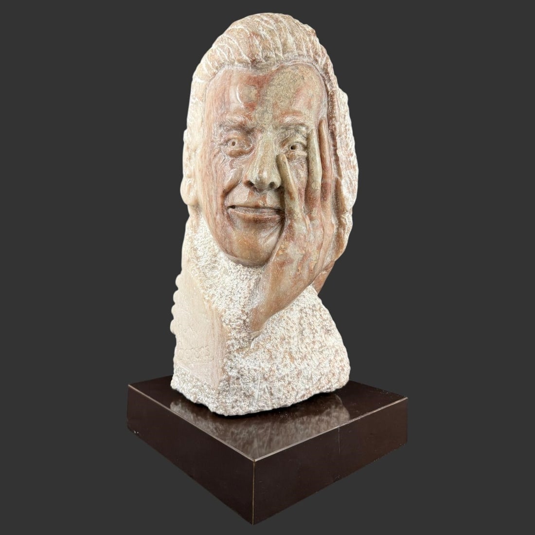 Modern 3 Face Marble Sculpture w/ Swivel Base: This striking modern marble sculpture presents a compelling three-face composition carved from a single block, featuring expressive visages that emerge from different angles as the piece is turned on