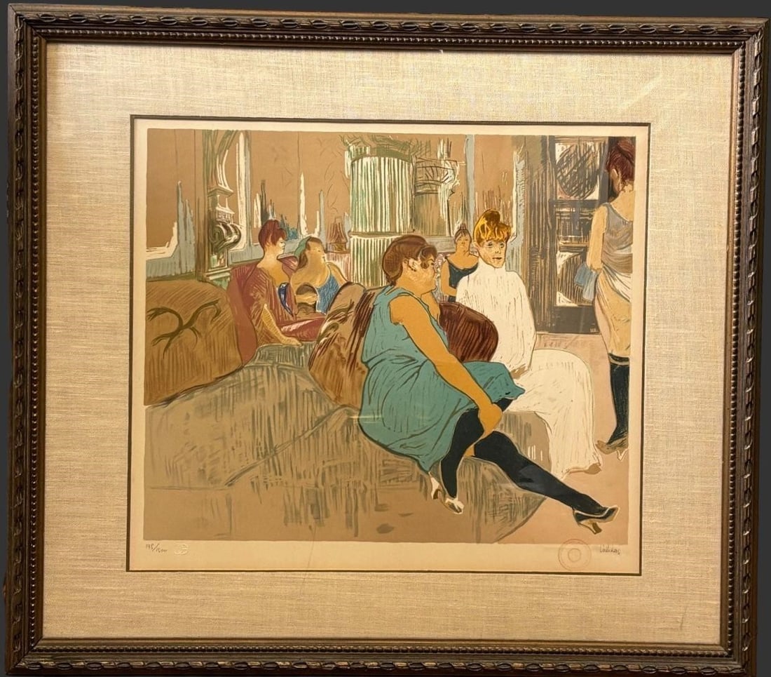 "Au Salon de la Rue des Moulins" Lithograph: Limited edition color lithograph titled Au Salon de la Rue des Moulins (In the Salon of Rue des Moulins), after the celebrated 1894 brothel scene by Henri de Toulouse-Lautrec, executed by Marcel Salin