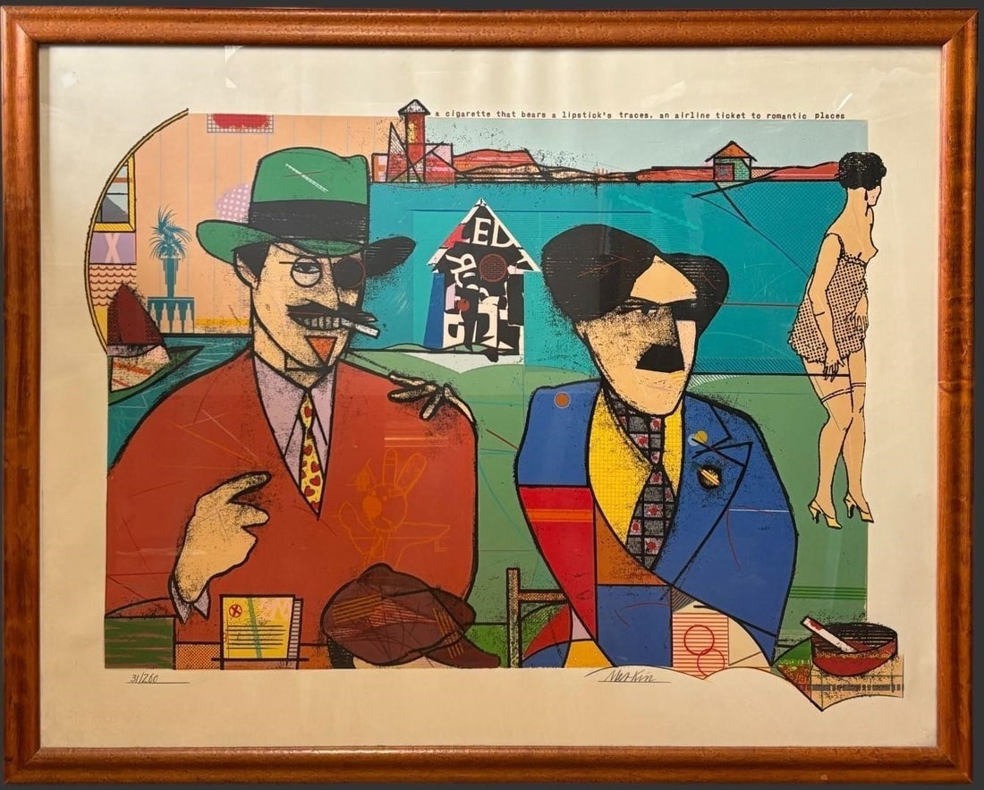 Richard Merkin "These Foolish Things" Signed Print: This limited edition color print by Richard Merkin is titled These Foolish Things (Remind Me of You) and exemplifies the artist's signature narrative, jazz-influenced figural style. The composition de