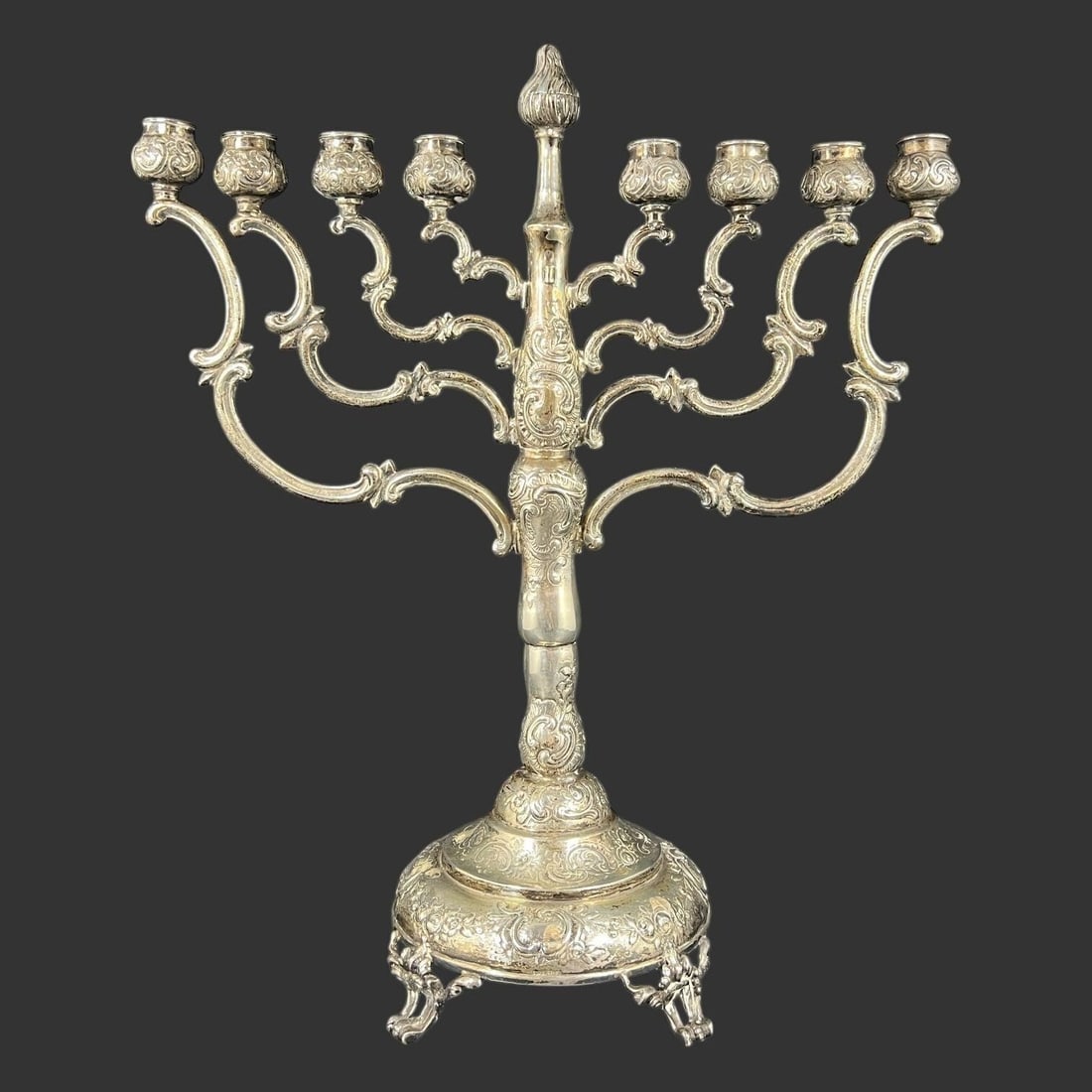 Victorian 925 Sterling Silver Hanukkah Menorah: Offered is a striking and substantial Victorian-era sterling silver Hanukkah menorah, crafted in the late 19th to early 20th century for ritual Jewish use. The form is correct and complete, featuring