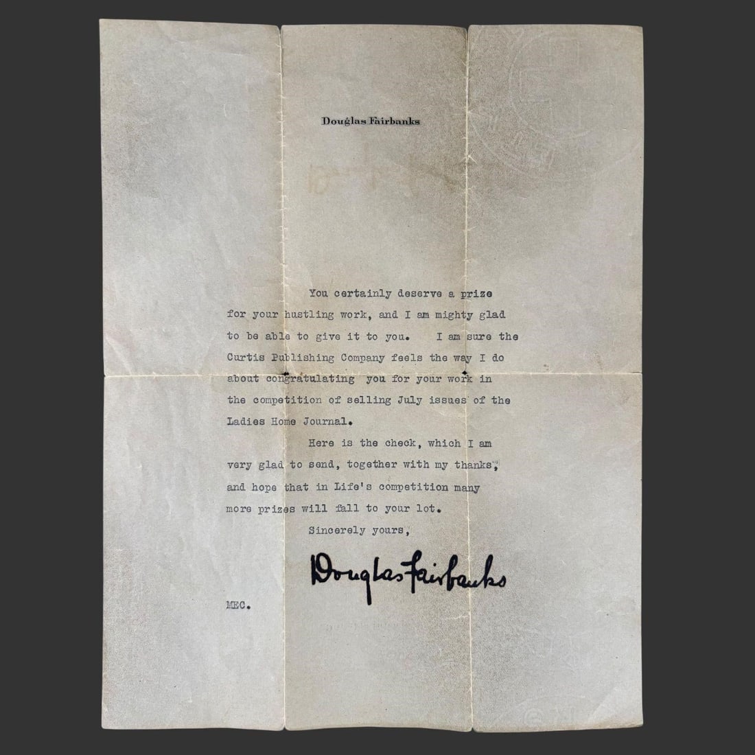 Douglas Fairbanks Signed Congratulatory Letter: Original typed letter signed in bold ink by Douglas Fairbanks, congratulating the recipient on winning a sales competition for the July issues of Ladies' Home Journal, published by the Curtis Publishi