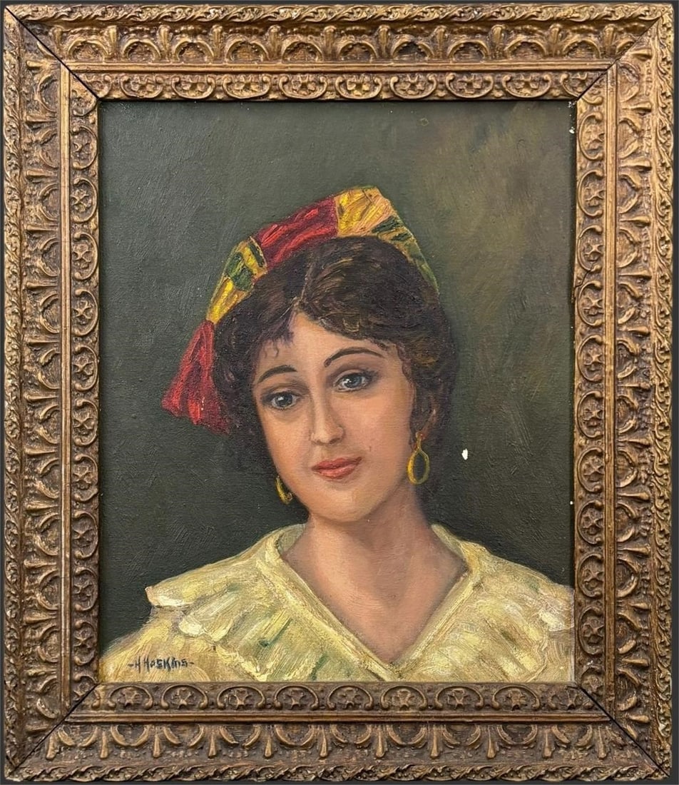 20th C. Oil Portrait of Young Woman, H. Haskins: An evocative early 20th century oil on canvas portrait depicting a young woman shown bust-length against a muted green ground, wearing a yellow dress with expressive brushwork, gold hoop earrings, and