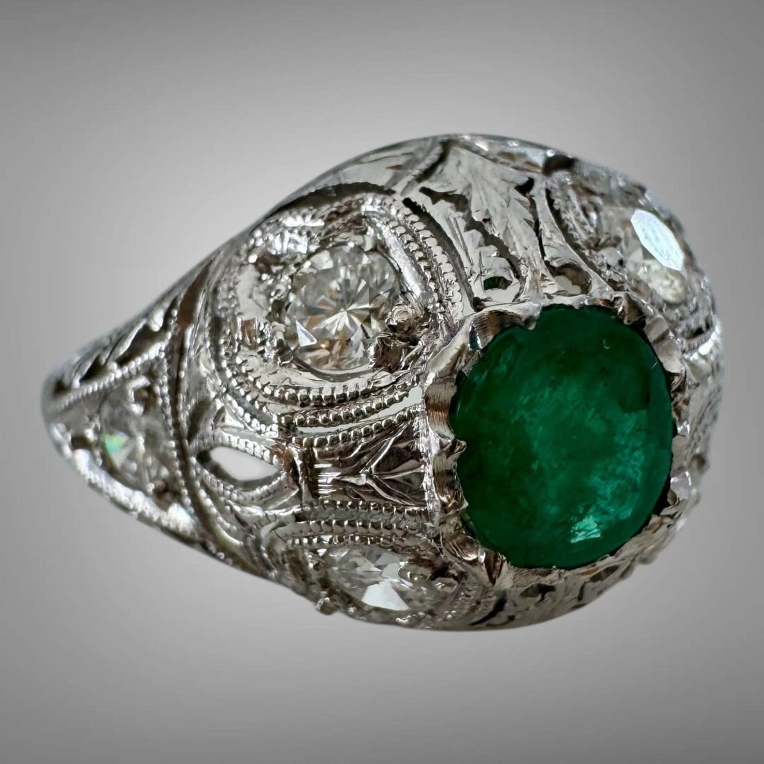 Art Deco Platinum Emerald Diamond Filigree Ring (1 of 9)