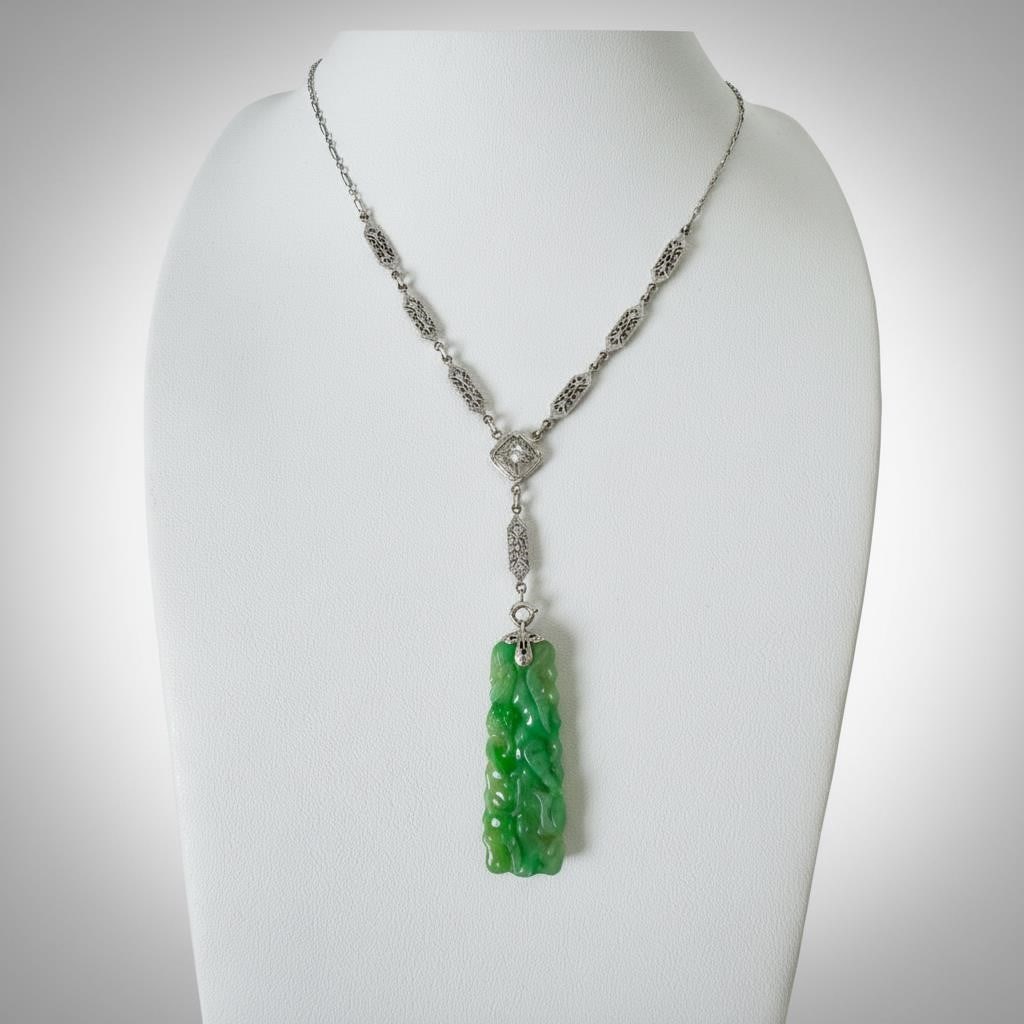 Art Deco 14K White Gold Jade and Diamond Necklace (1 of 8)