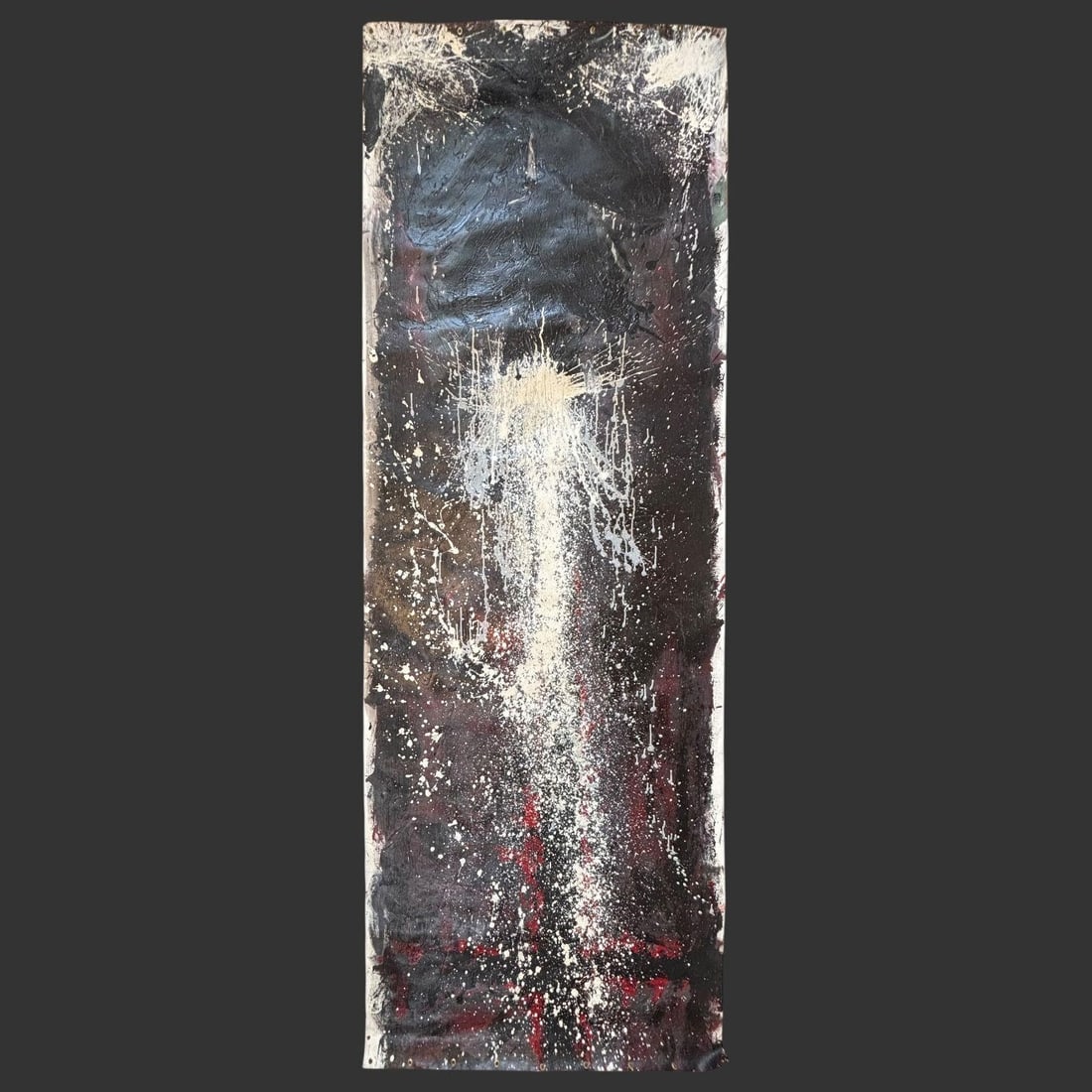 Richard Hambleton Large Abstract Drip Painting: A striking, mixed-media abstract composition, signed Richard Hambleton. Artwork features dynamic splashes, drips, and layered fields of black, red, and white pigment. The piece conveys explosive energ