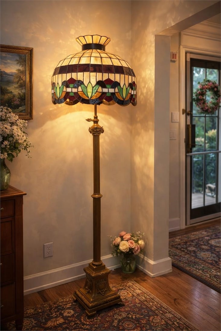 Victorian Bronze Floor Lamp w/ Stained Glass Shade: Elegant antique floor lamp featuring a richly cast bronze column and square stepped base adorned with classical scrollwork, floral relief panels, and decorative medallions, displaying a deep aged pati