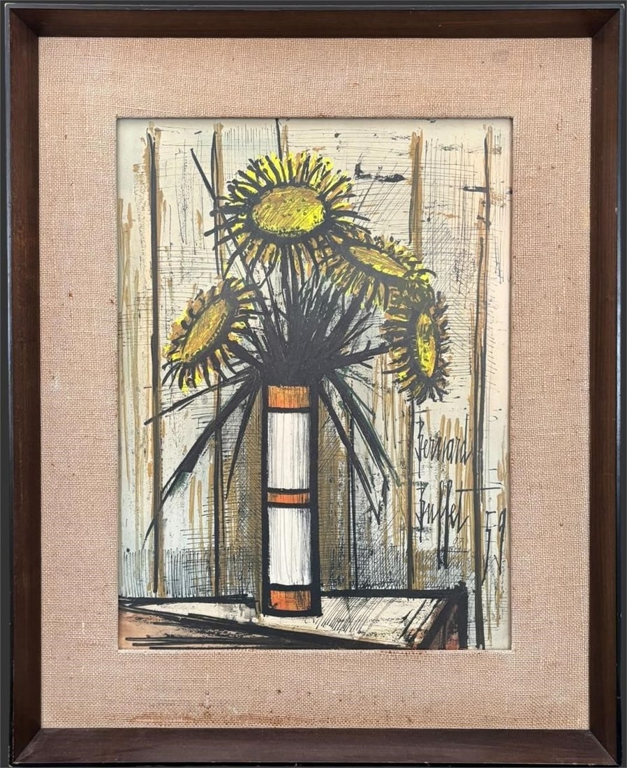 Bernard Buffet Floral Limited Ed. Lithograph: Hand-colored lithograph after Bernard Buffet (French, 1928-1999), 93/300, depicting a vase of sunflowers rendered in the artist's distinctive linear style with sharp black contour lines and crosshatch