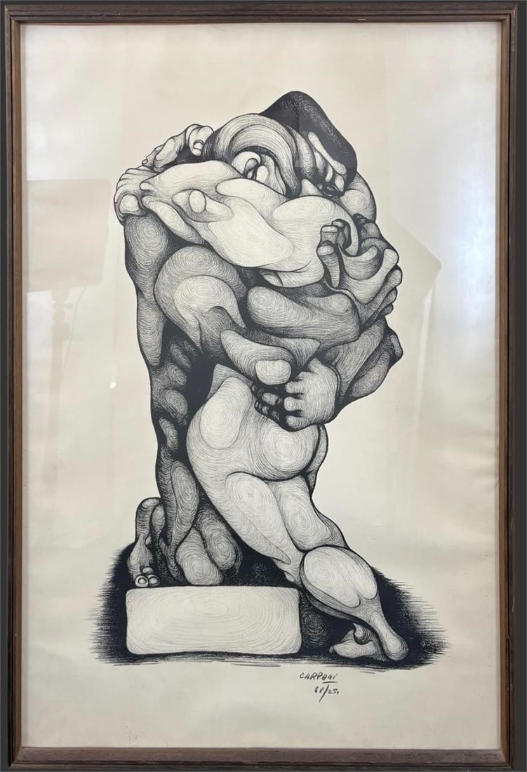 Ricardo Carpani Surreal Figure Lithograph 64/250: Striking surreal lithograph by Ricardo Carpani (Buenos Aires, 1930-1997), an editioned print numbered 64/250 and signed in the image lower center, depicting an intertwined mass of biomorphic, sculptur