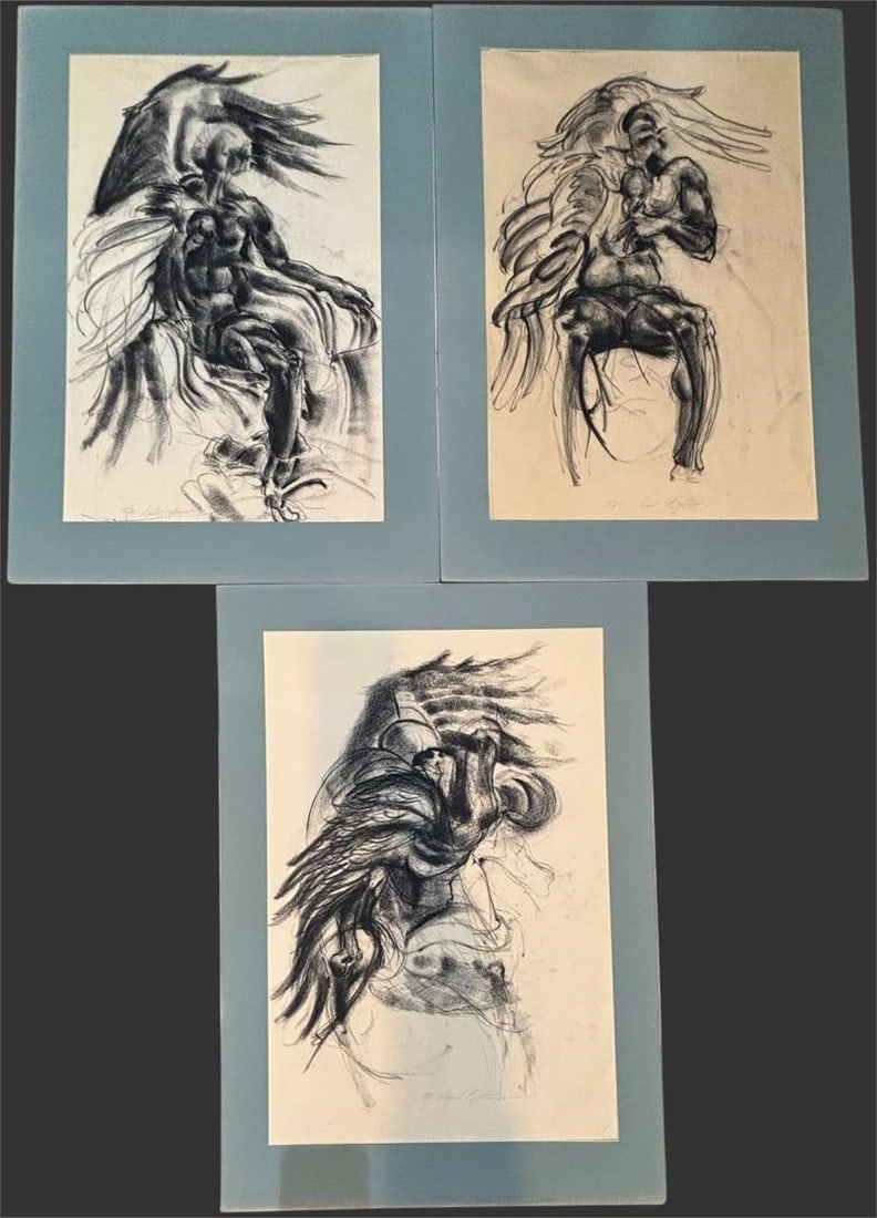 David Kapetanopoulos (USA, 20th c.) 3 Drawings: Dynamic group of three original drawings by David Kapetanopoulos, each showcasing his expressive, gestural handling of bird and winged-figure imagery. Executed in charcoal/graphite on paper and mounte