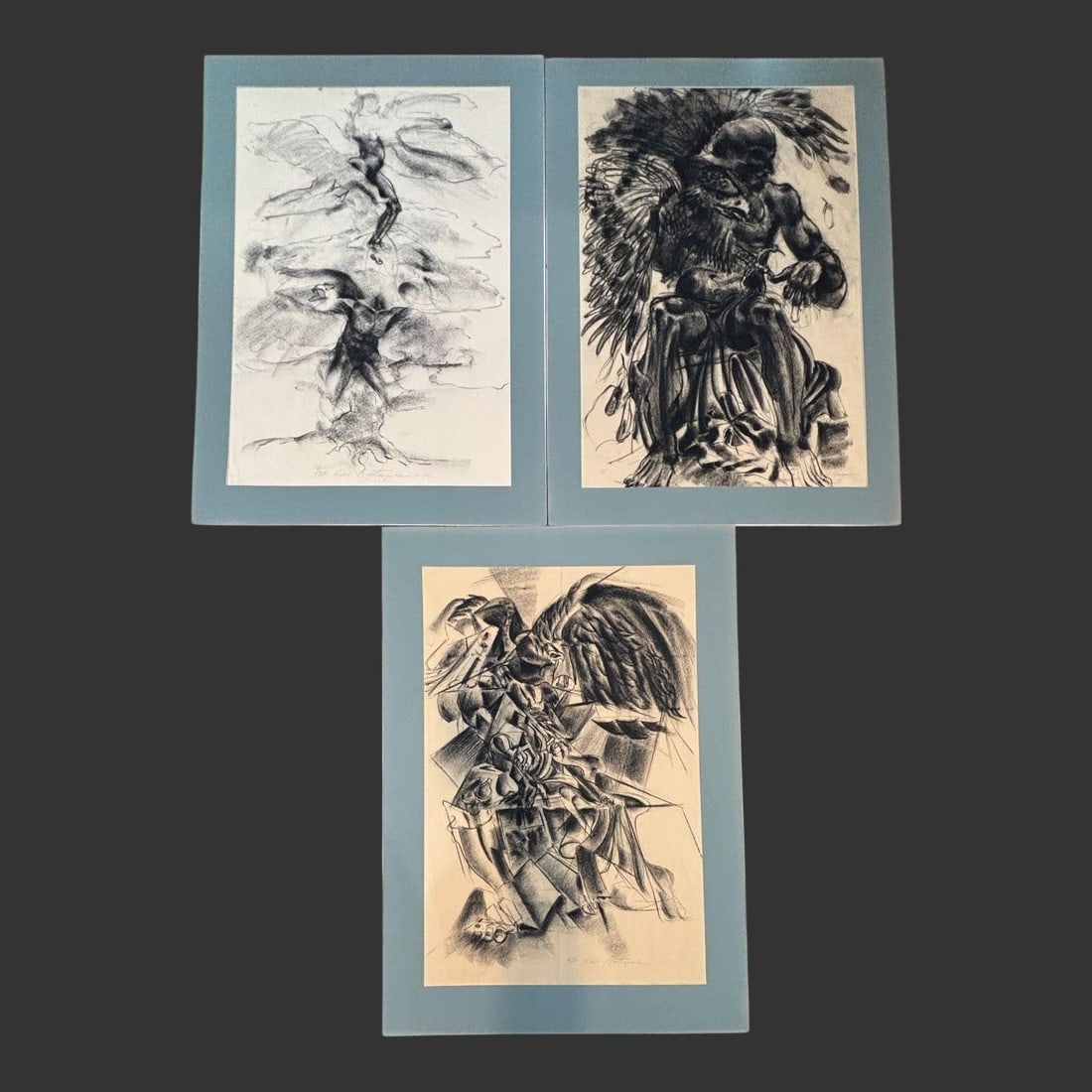 David Kapetanopoulos (USA, 20th c.) 3 Drawings: Dynamic group of three original drawings by David Kapetanopoulos, each showcasing his expressive, gestural handling of bird and winged-figure imagery. Executed in charcoal/graphite on paper and mounte