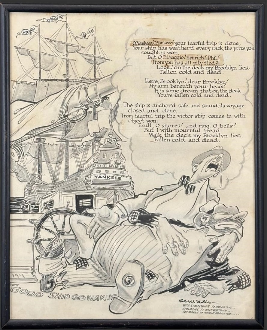 Willard Mullin "1949 Champs" Pen & Ink Drawing: Original pen and ink drawing titled "1949 Champs" by Willard Mullin, dated 1949, depicting the New York Yankees as the "Good Ship Gowanus" in a satirical nautical allegory celebrating the championship