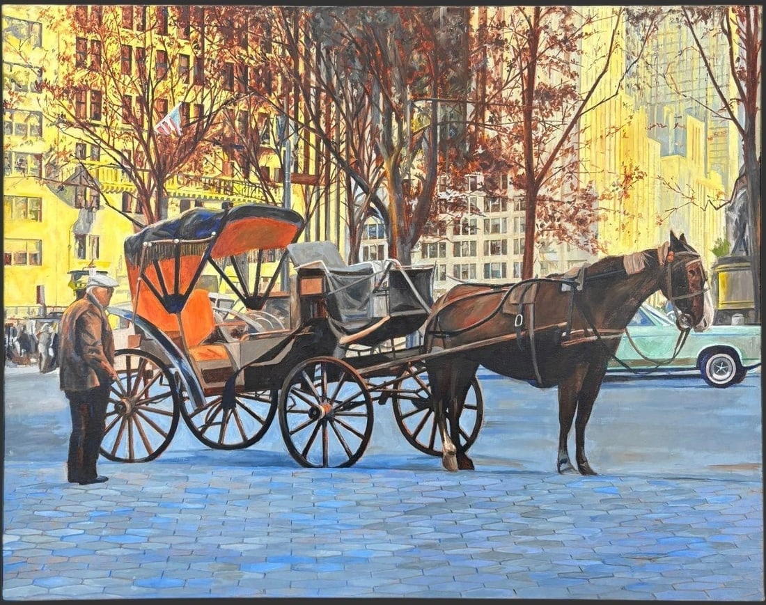 NYC Horse-Drawn Carriage Street Scene Painting: Original oil on canvas depicting a classic Manhattan street scene with a horse-drawn carriage at rest, rendered in warm autumnal tones and lively urban detail, with tall buildings, bare trees, and pas