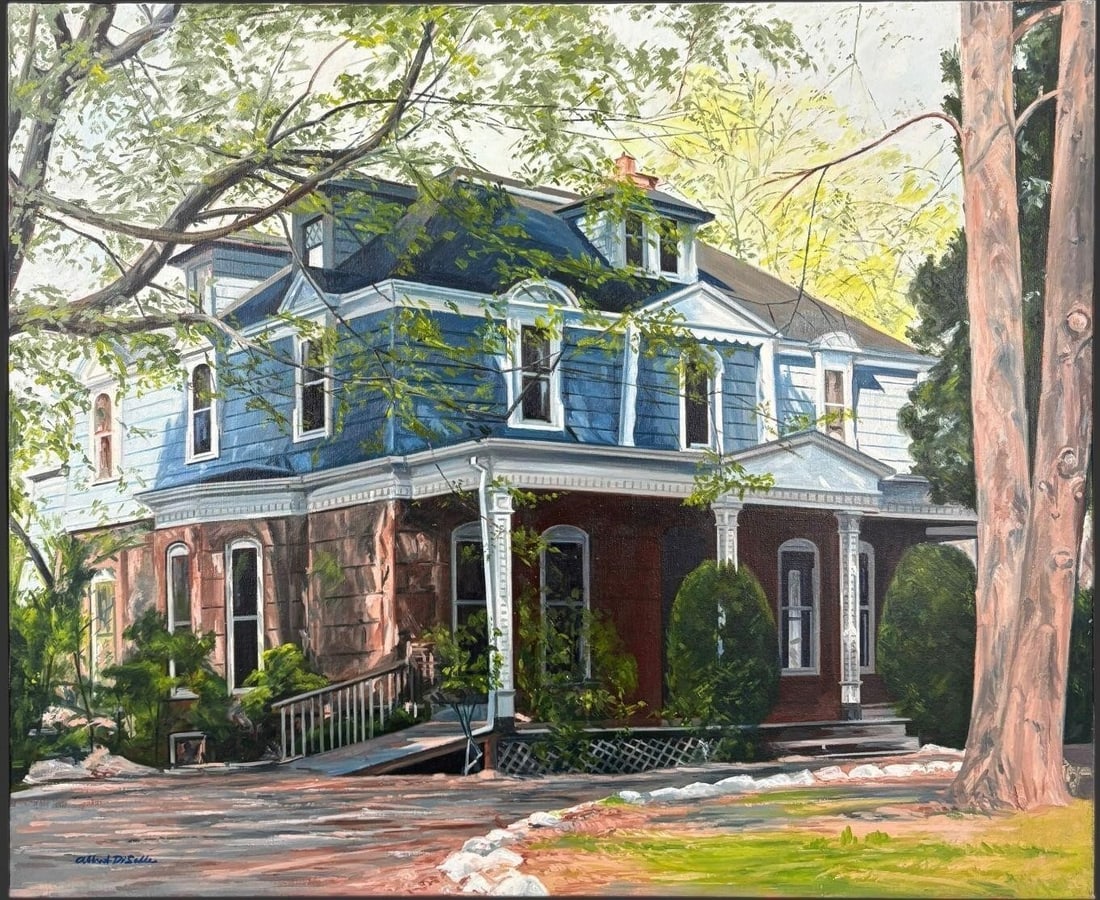 Albert Disalle (1931-1999) Landscape Oil Painting: Original painting by Albert DiSalle depicting a stately historic residence with wraparound porch, brick façade, and mansard-style roof, rendered in a bright, impressionistic palette with confident br