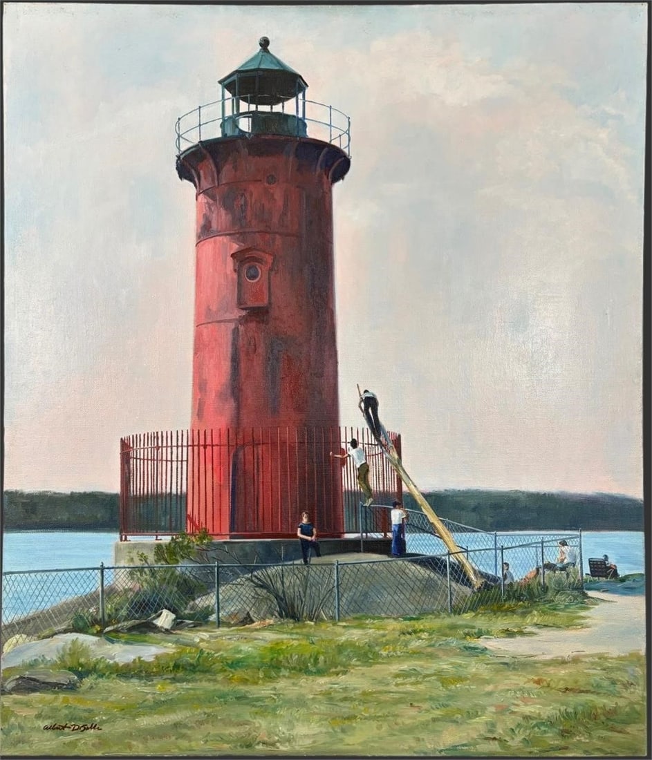 Albert Disalle (1931-1999) Lighthouse Oil Painting: Original oil on canvas by Albert DiSalle, titled "Silent Sentinel Standing," depicting a red lighthouse set along a waterfront landscape with figures gathered near its base, rendered in a restrained r