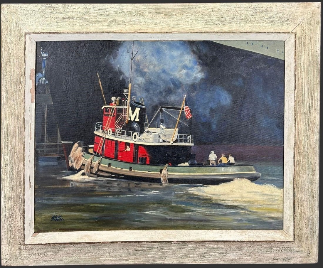 Albert Disalle (1931-1999) Nautical Scene Painting: Oil on canvas maritime painting by Albert Disalle depicting a working tugboat powering through choppy harbor waters beneath a dramatic, smoke-filled sky, with figures on deck and industrial waterfront