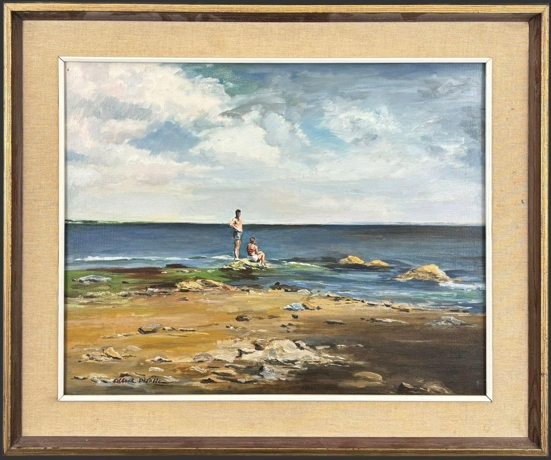 Albert Disalle (1931-1999) Beach Oil Painting: Original oil on canvas by Albert Disalle, depicting a serene coastal shoreline with two figures standing on rocks overlooking calm blue water beneath a softly clouded sky, rendered with confident brus
