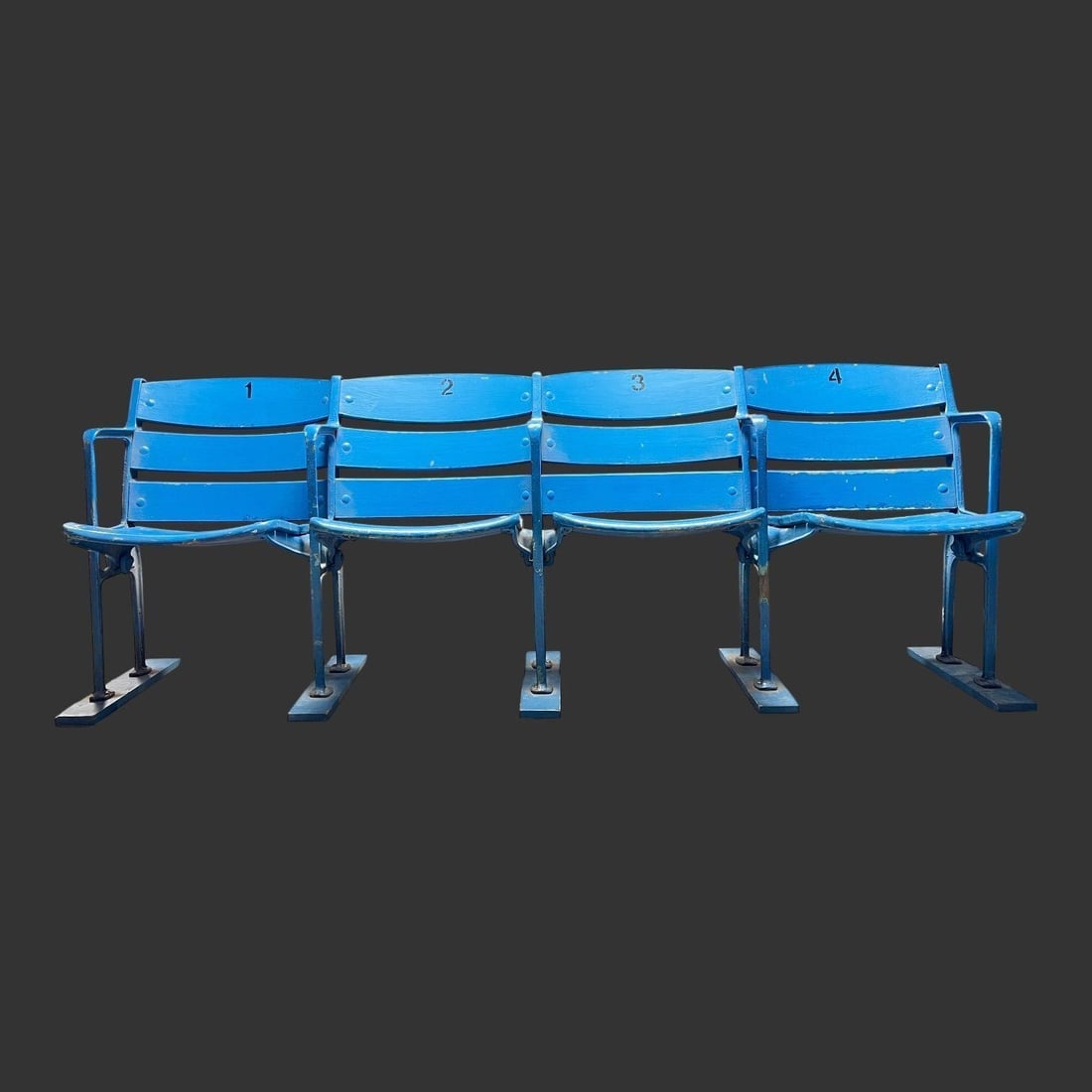 Four-Seat Yankee Stadium Bench,Numbered Blue Seats: Vintage four-seat stadium or arena bench featuring molded metal seats with slatted backs, finished in original blue paint and stenciled seat numbers "1-4" across the backrests, supported by heavy cast
