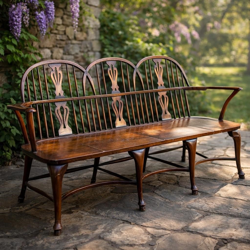 Antique American Windsor Three-Seat Settee Bench: This antique American Windsor three-seat settee bench, likely dating to the late 18th or early 19th century, features a classic bowed spindle back with three arched crest rails and distinctive vase-sh